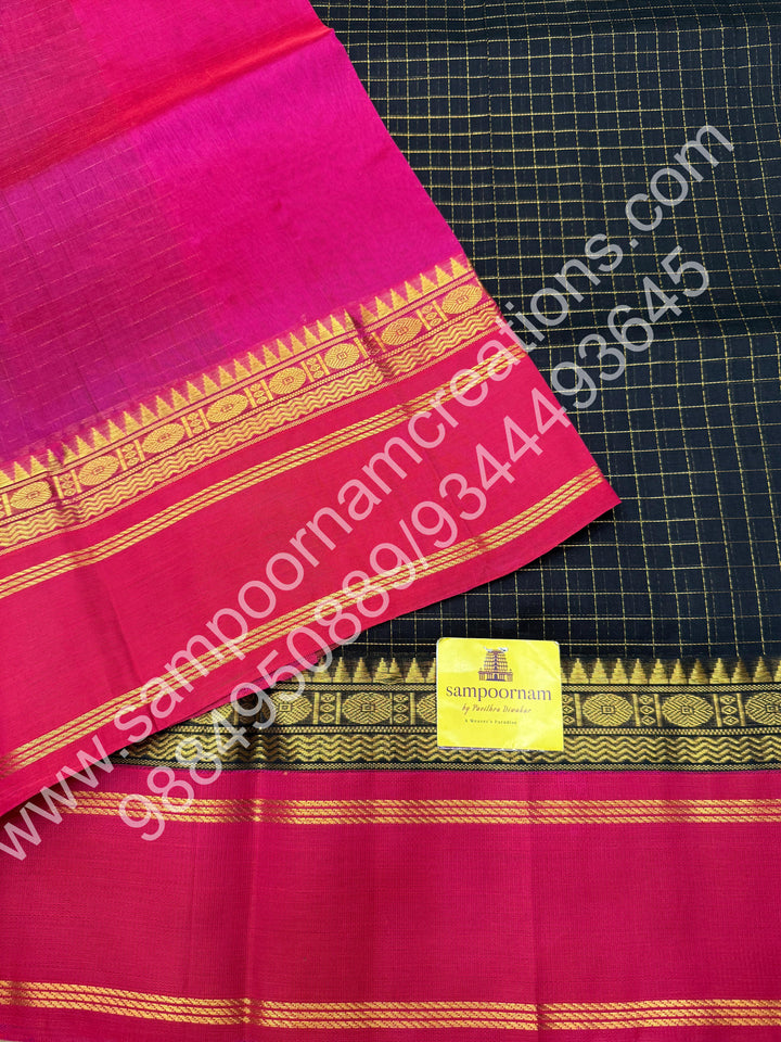 Black with Pink  , Zari checks in the body and rettapet border, rich Pallu Korvai  Silk Cotton Saree