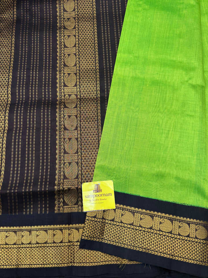Parrot Green with Brown , Traditional borders and rich Pallu Korvai Silk Cotton Saree