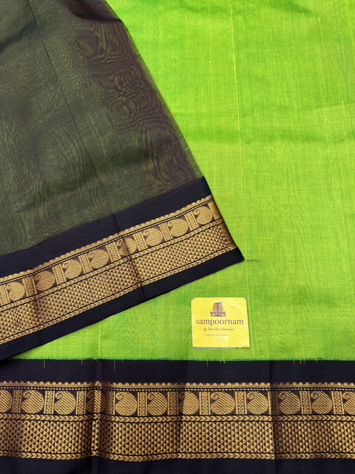 Parrot Green with Brown , Traditional borders and rich Pallu Korvai Silk Cotton Saree