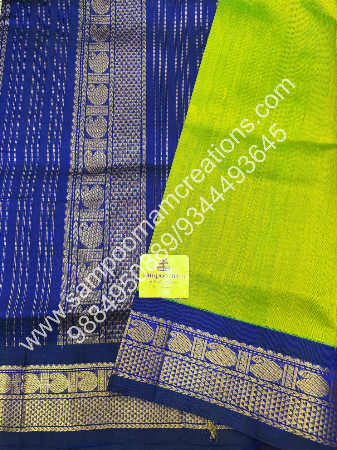 Parrot Green with Dark Blue  , Traditional borders and rich Pallu Korvai Silk Cotton Saree