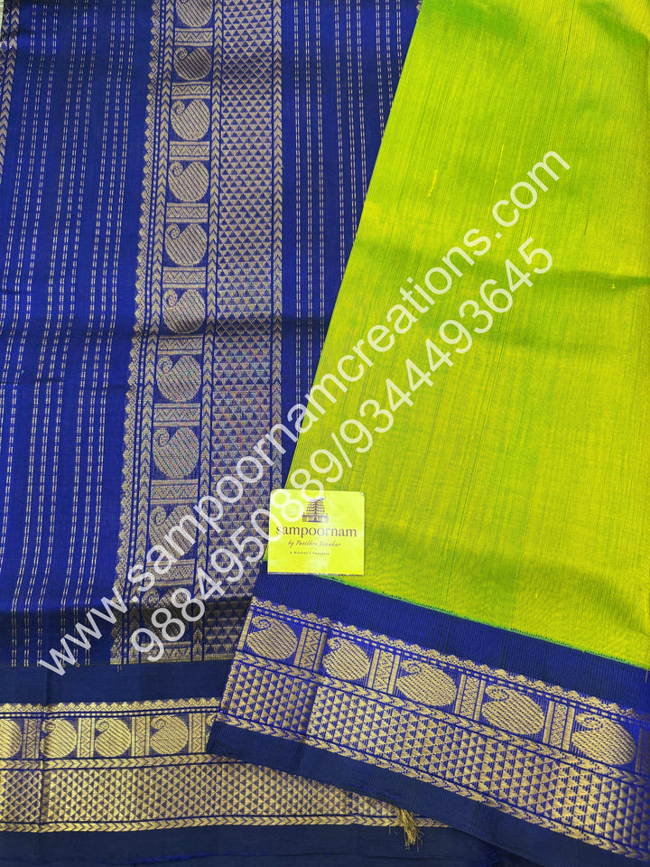 Parrot Green with Dark Blue  , Traditional borders and rich Pallu Korvai Silk Cotton Saree