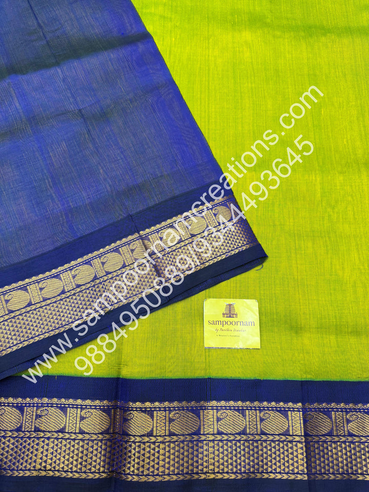 Parrot Green with Dark Blue  , Traditional borders and rich Pallu Korvai Silk Cotton Saree