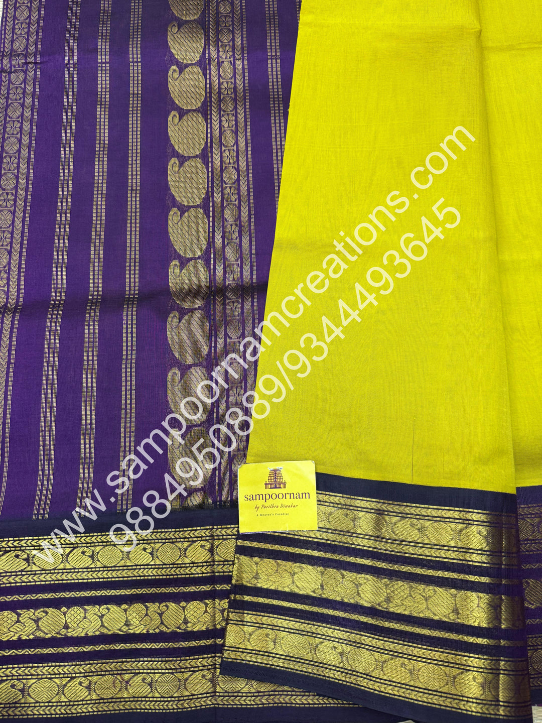 Mustard Yellow with Purple  , Traditional Kanchi  borders and rich Pallu Korvai Silk Cotton Saree
