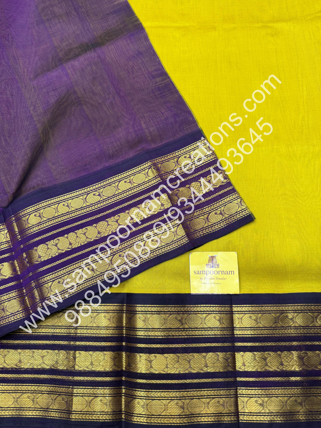 Mustard Yellow with Purple  , Traditional Kanchi  borders and rich Pallu Korvai Silk Cotton Saree