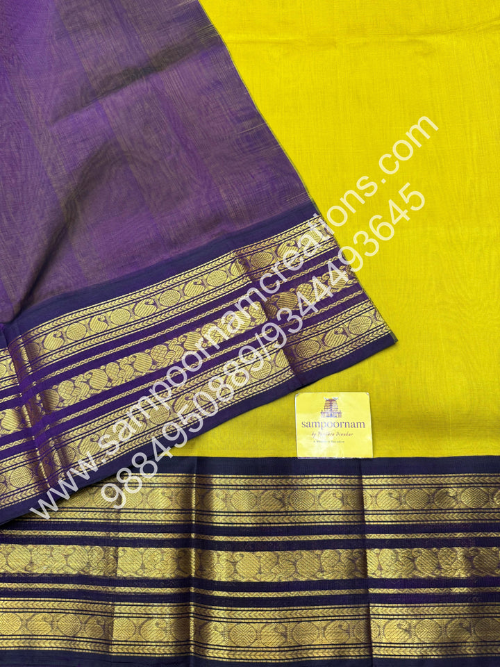 Mustard Yellow with Purple  , Traditional Kanchi  borders and rich Pallu Korvai Silk Cotton Saree