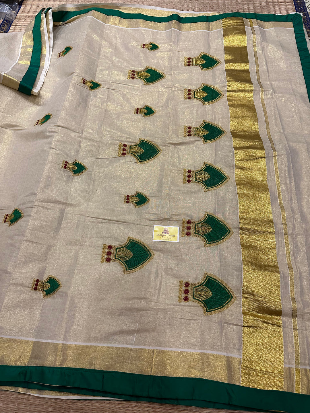 Kerala Tissue Saree With Green Palakka Embroidery Motif with Green Piping in the Border