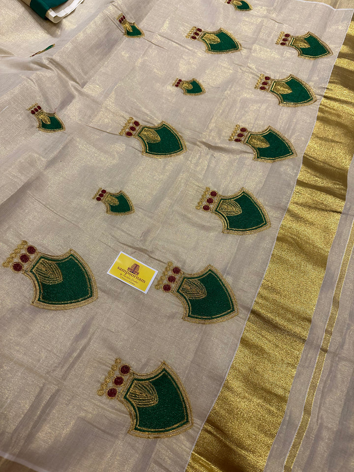 Kerala Tissue Saree With Green Palakka Embroidery Motif with Green Piping in the Border