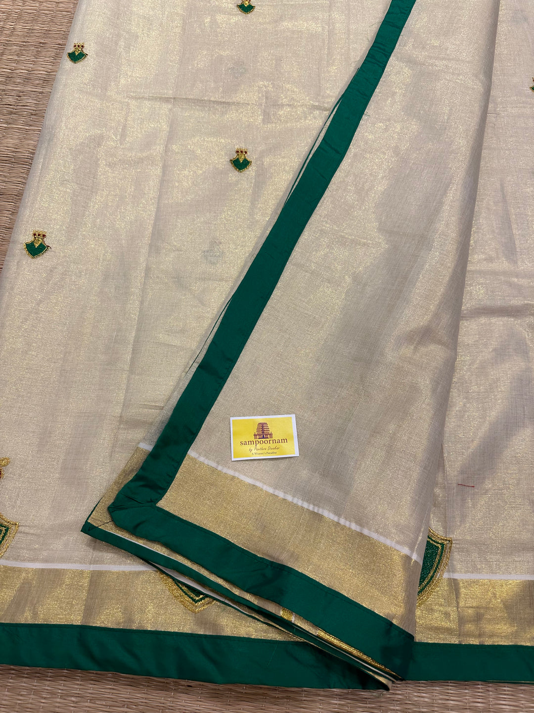 Kerala Tissue Saree With Green Palakka Embroidery Motif with Green Piping in the Border