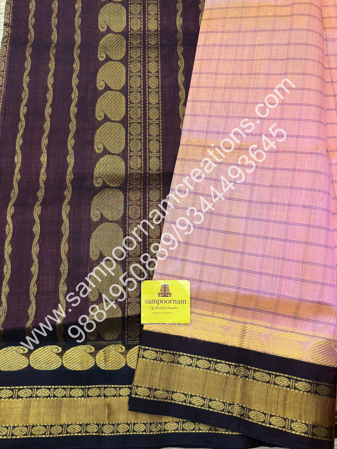 Peach with Brown , checks in the body , rettapet border with Mango design  and rich Pallu Korvai Silk Cotton Saree