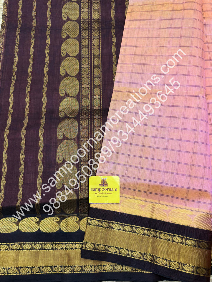 Peach with Brown , checks in the body , rettapet border with Mango design  and rich Pallu Korvai Silk Cotton Saree