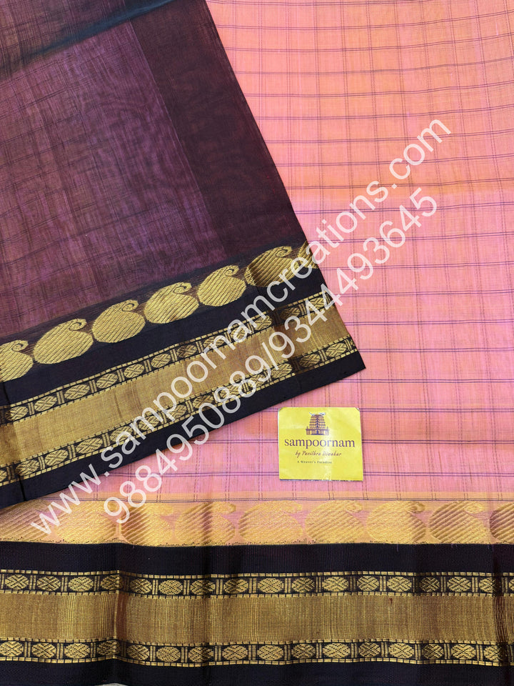 Peach with Brown , checks in the body , rettapet border with Mango design  and rich Pallu Korvai Silk Cotton Saree