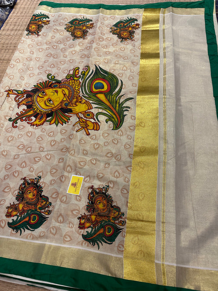 Kerala Tissue Saree with Krishna Flute and Peacock Feather Motif, Allover Peacock Feather Motifs and Green Piping in Border