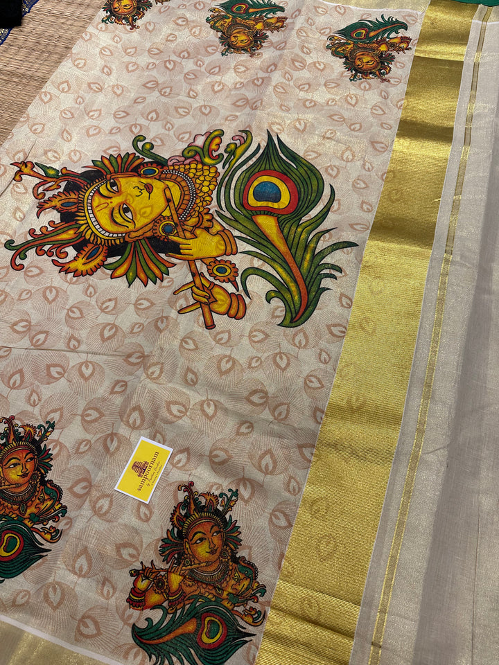 Kerala Tissue Saree with Krishna Flute and Peacock Feather Motif, Allover Peacock Feather Motifs and Green Piping in Border