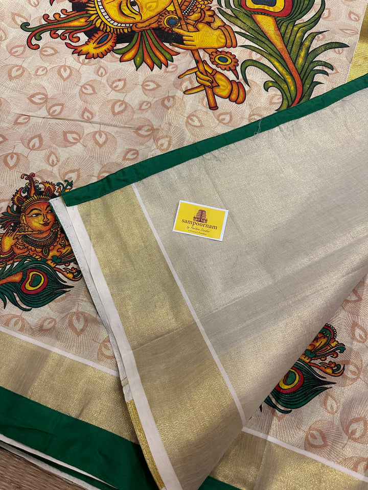 Kerala Tissue Saree with Krishna Flute and Peacock Feather Motif, Allover Peacock Feather Motifs and Green Piping in Border