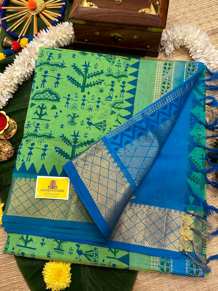 Green With Blue Warli Handblock Printed Silk Cotton Saree