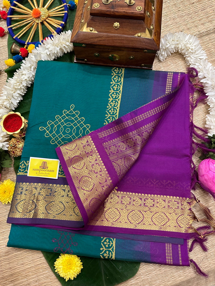 Green with Purple Kolam Handblock Printed Silk Cotton Saree