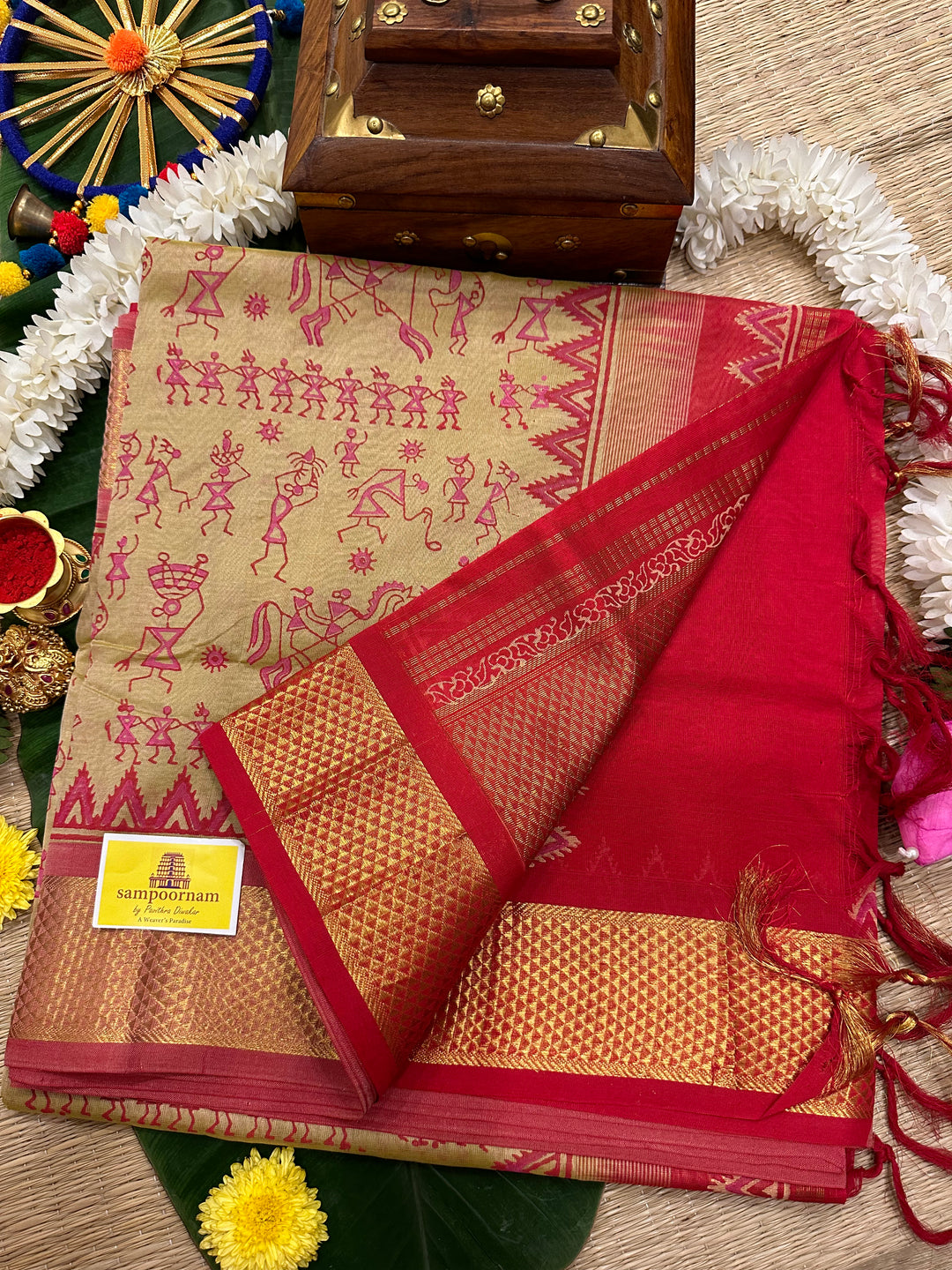 Cream With Red Warli Handblock Printed Silk Cotton Saree