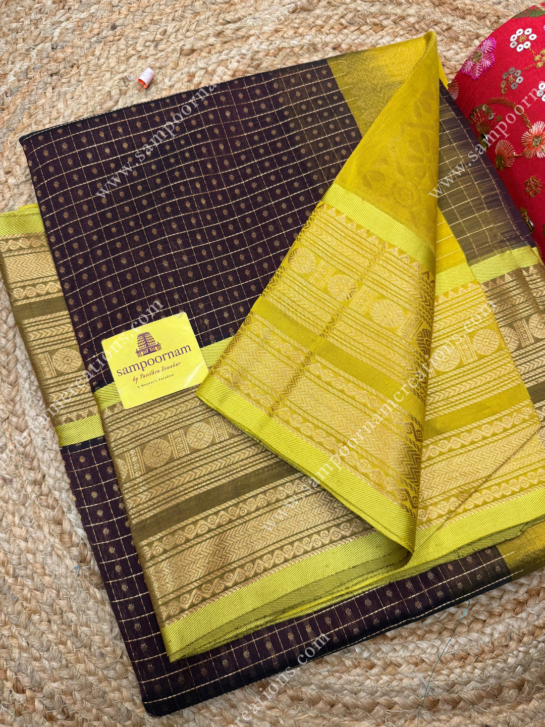 Dark Brown with Lemon Yellow  , Zari Lakshadeepam Silk Cotton Sarees