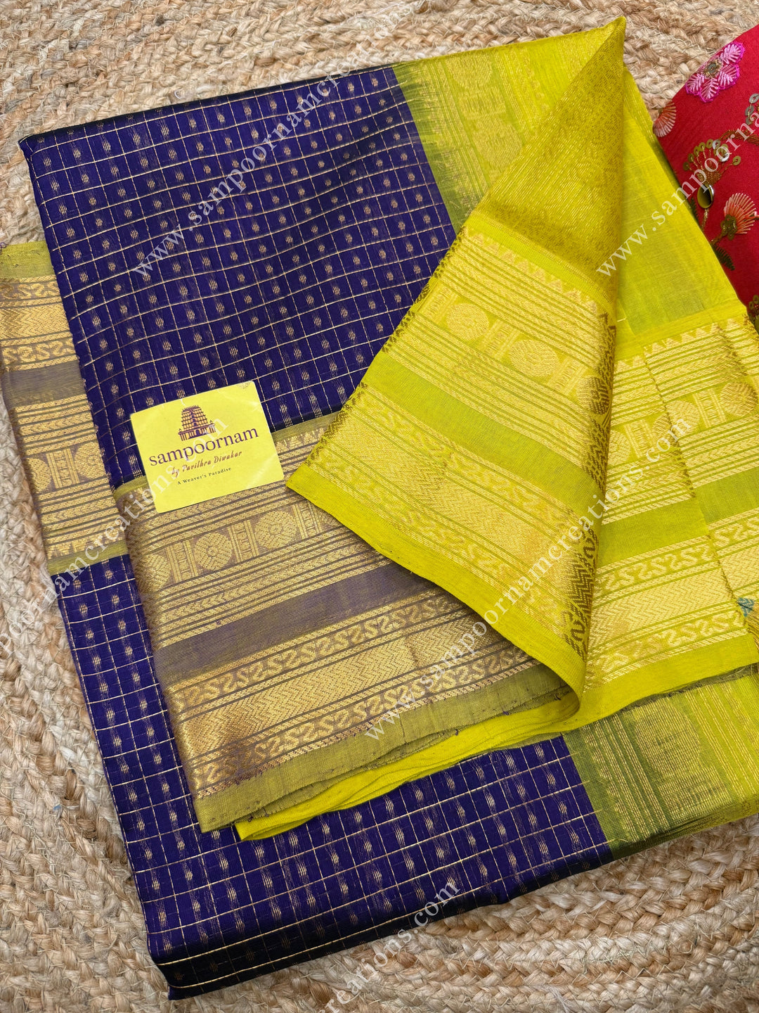 Indigo Violet with Lemon Yellow  , Zari Lakshadeepam Silk Cotton Sarees