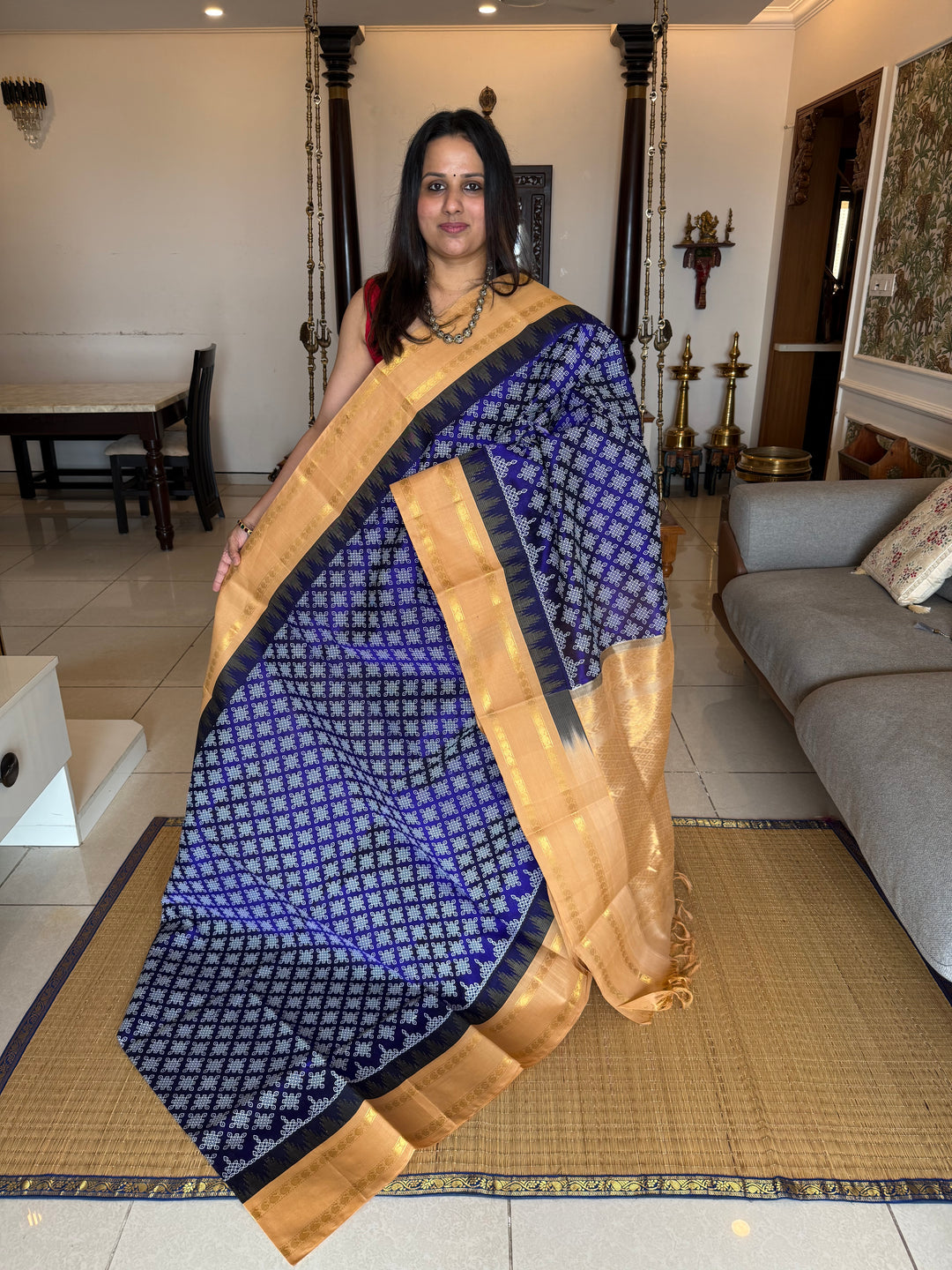 Dark Blue with Biscuit , Kolam Prints all over the Body, Traditional Temple Border and Rich pallu Korvai Silk Cotton Saree