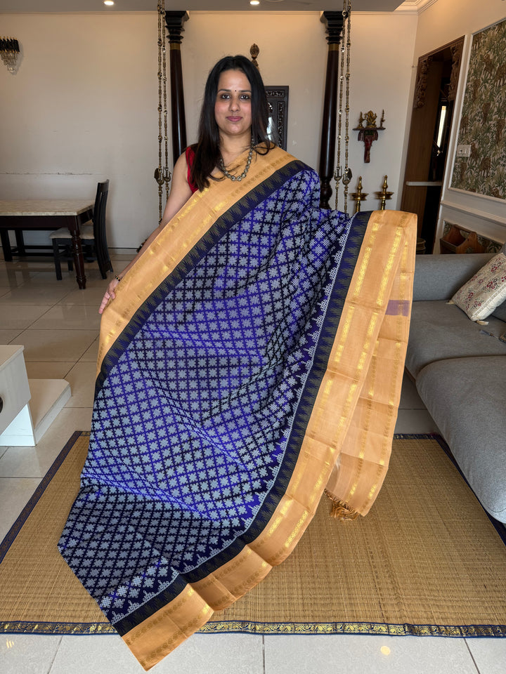 Dark Blue with Biscuit , Kolam Prints all over the Body, Traditional Temple Border and Rich pallu Korvai Silk Cotton Saree