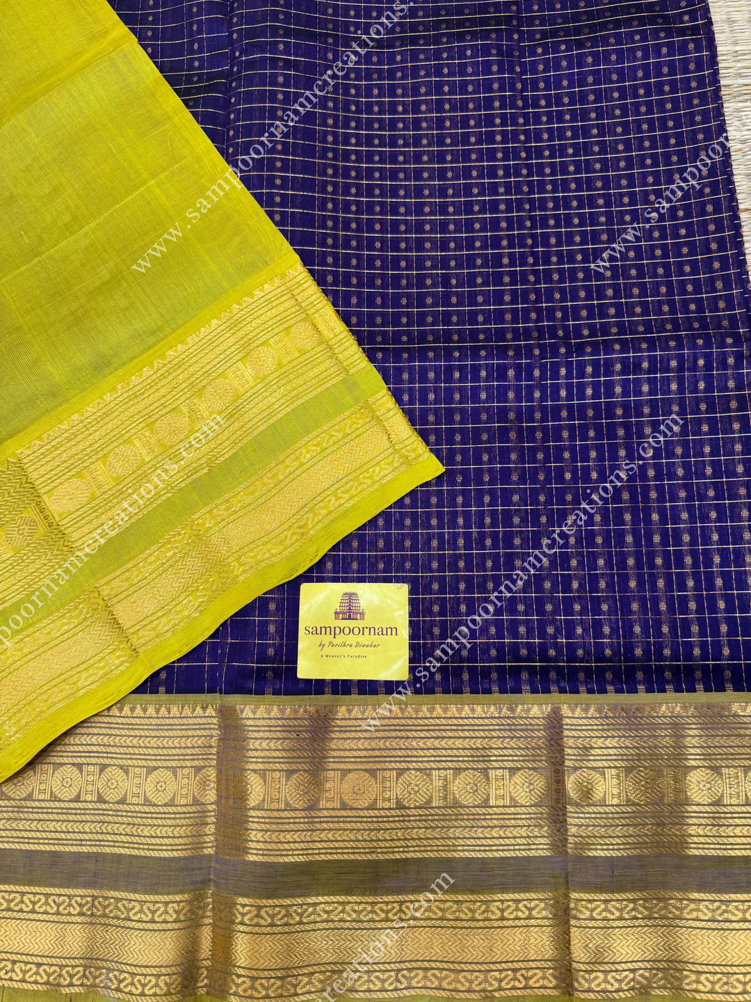 Indigo Violet with Lemon Yellow  , Zari Lakshadeepam Silk Cotton Sarees