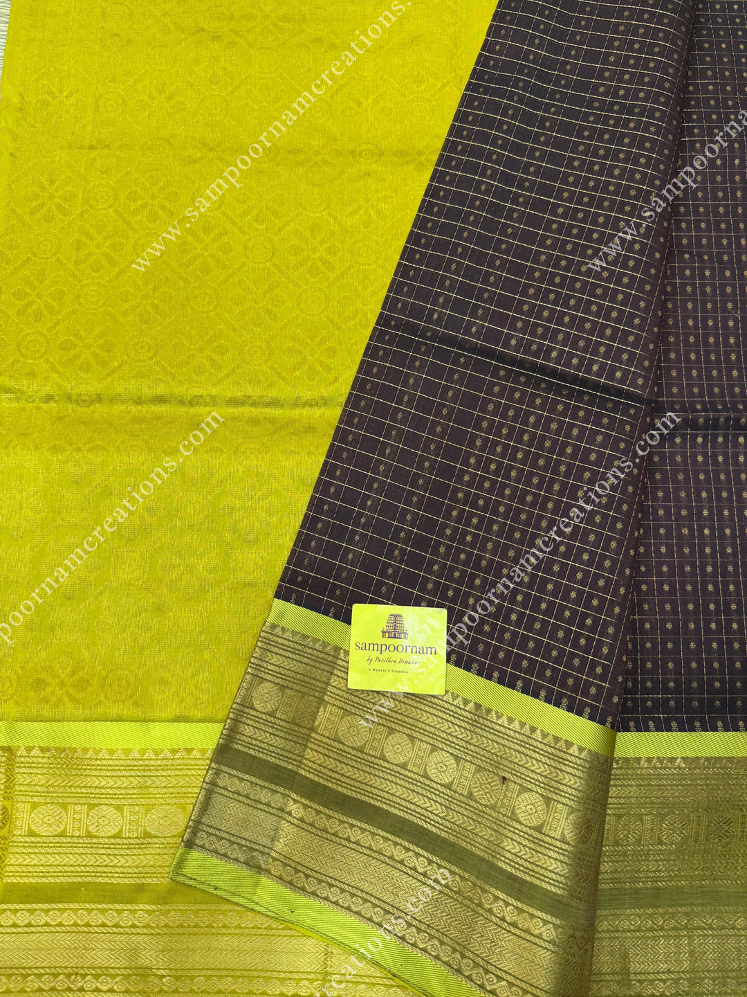 Dark Brown with Lemon Yellow  , Zari Lakshadeepam Silk Cotton Sarees