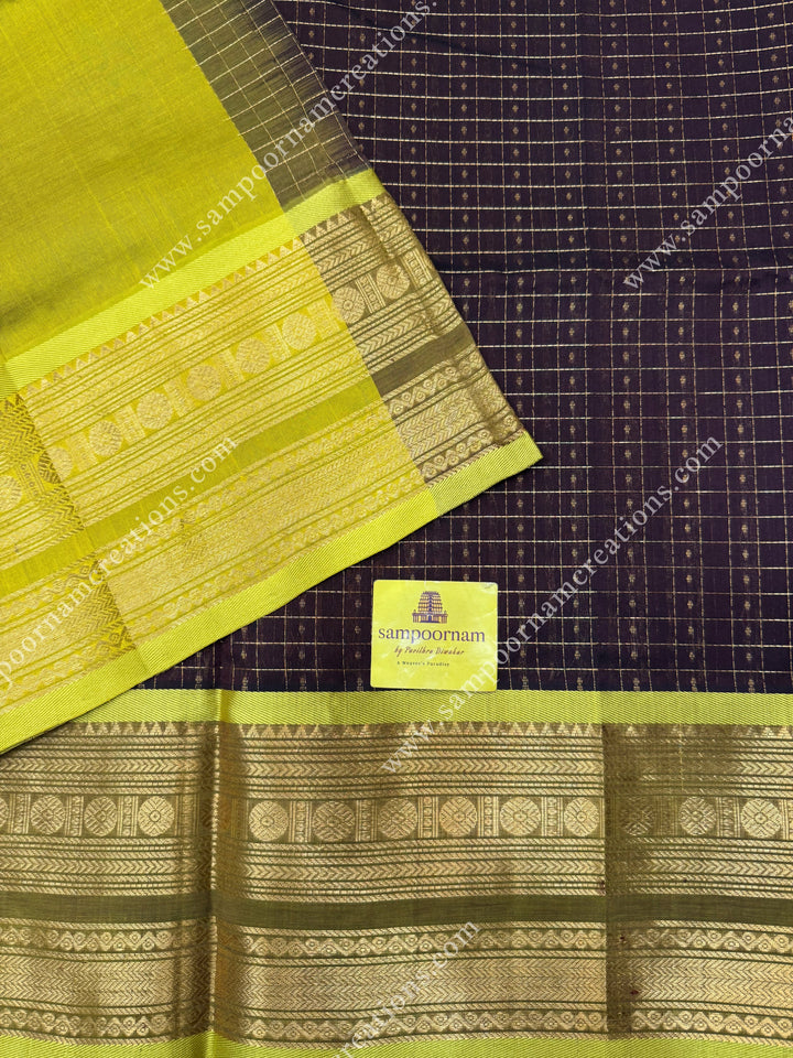 Dark Brown with Lemon Yellow  , Zari Lakshadeepam Silk Cotton Sarees