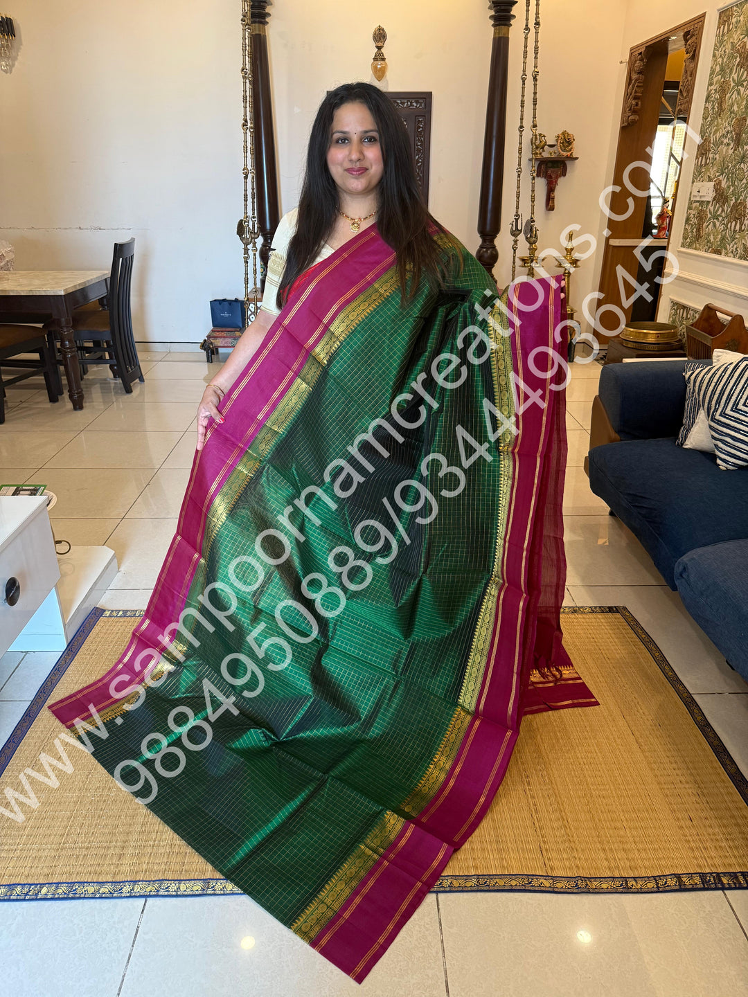 Dark Green with Magenta  , Zari checks in the body and rettapet border, rich Pallu Korvai  Silk Cotton Saree