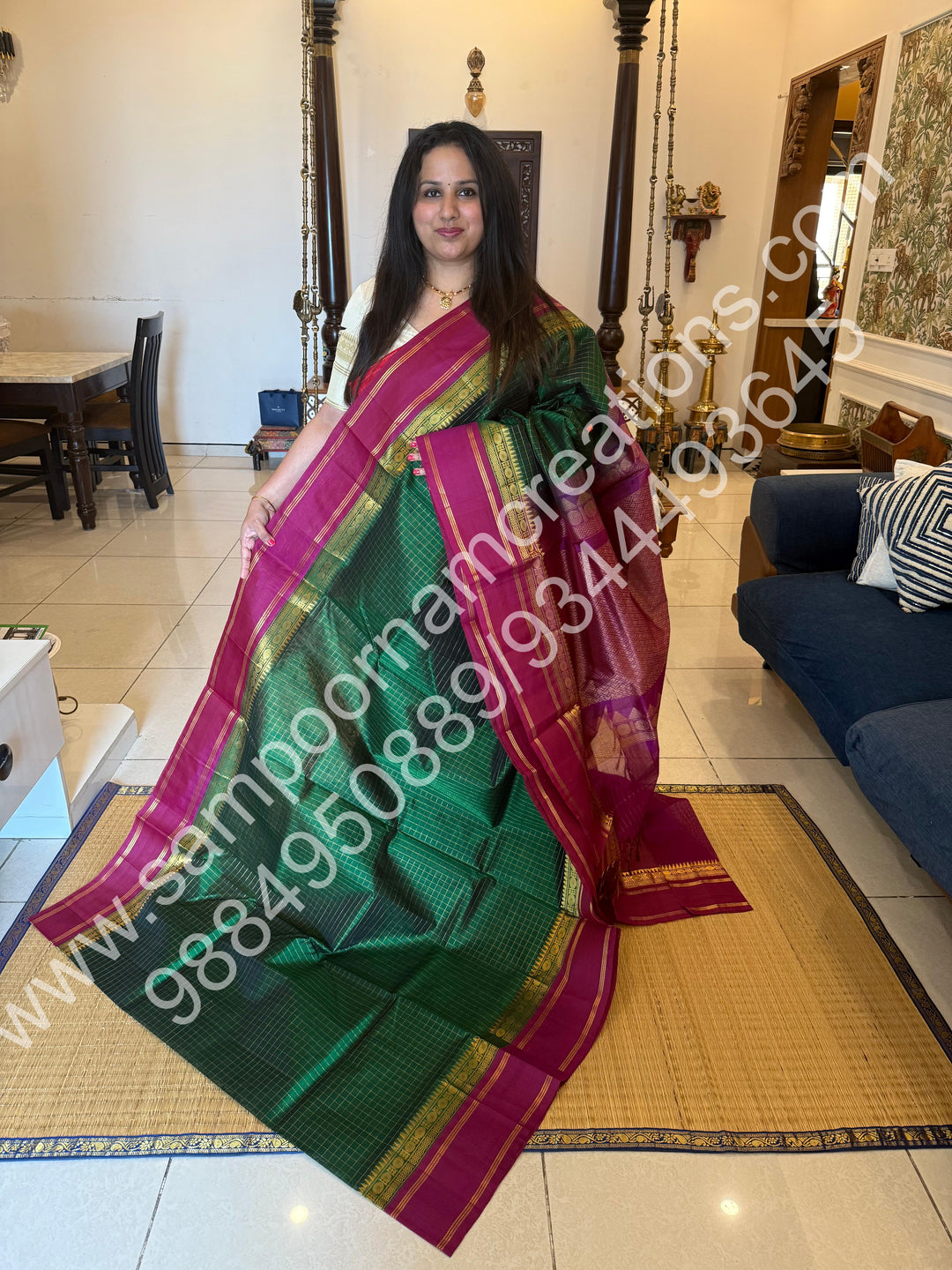 Dark Green with Magenta  , Zari checks in the body and rettapet border, rich Pallu Korvai  Silk Cotton Saree