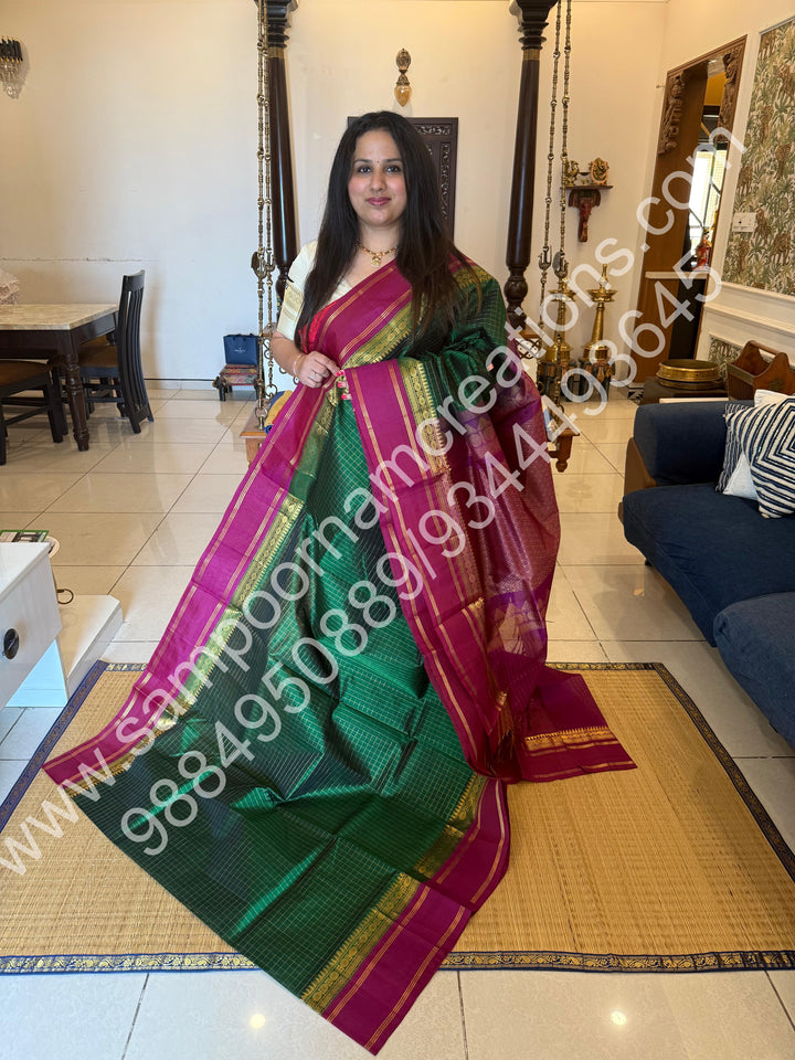 Dark Green with Magenta  , Zari checks in the body and rettapet border, rich Pallu Korvai  Silk Cotton Saree