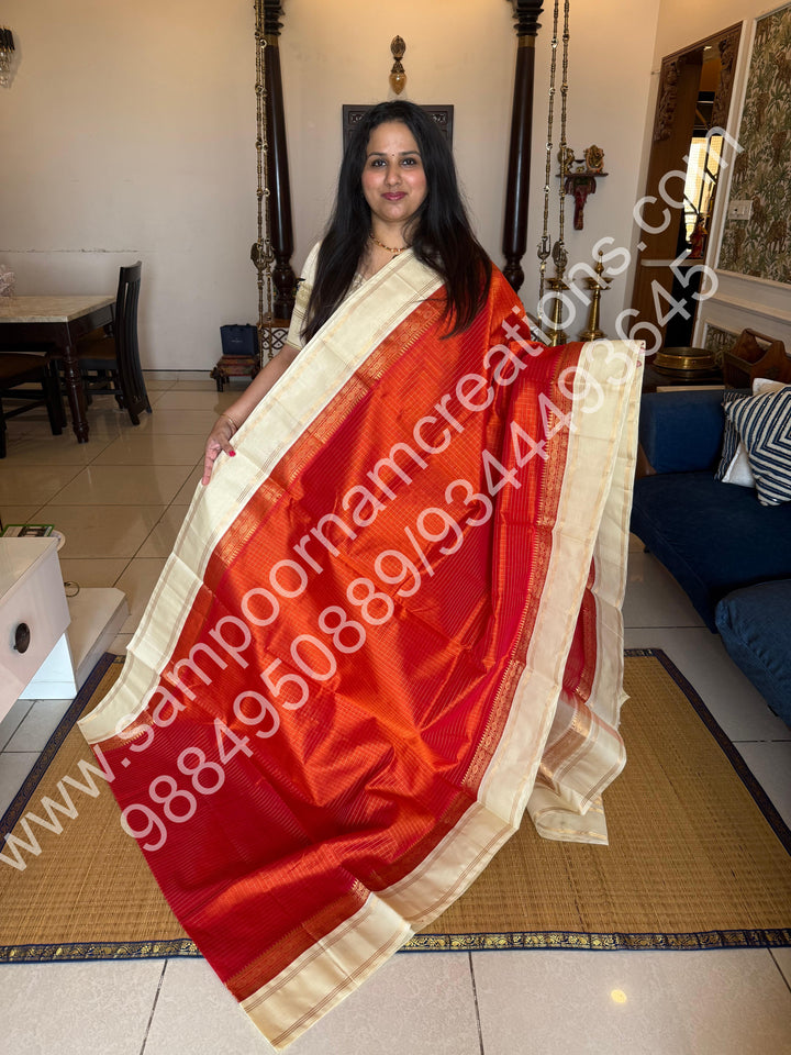 Rust Orange with Cream  , Zari checks in the body and rettapet border, rich Pallu Korvai  Silk Cotton Saree