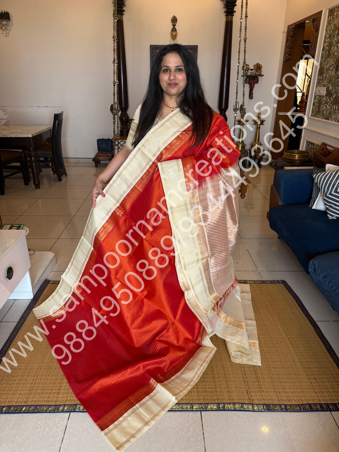 Rust Orange with Cream  , Zari checks in the body and rettapet border, rich Pallu Korvai  Silk Cotton Saree