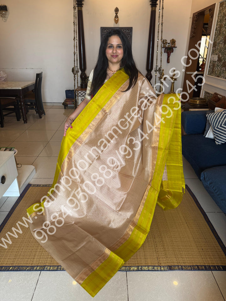 Beige with Lemon Yellow , Zari checks in the body and rettapet border, rich Pallu Korvai  Silk Cotton Saree