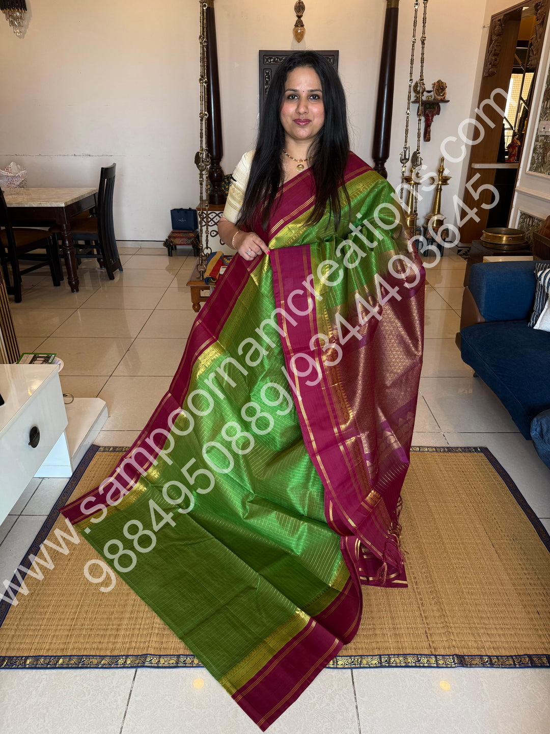 Parrot Green with Magenta  , Zari checks in the body and rettapet border, rich Pallu Korvai  Silk Cotton Saree