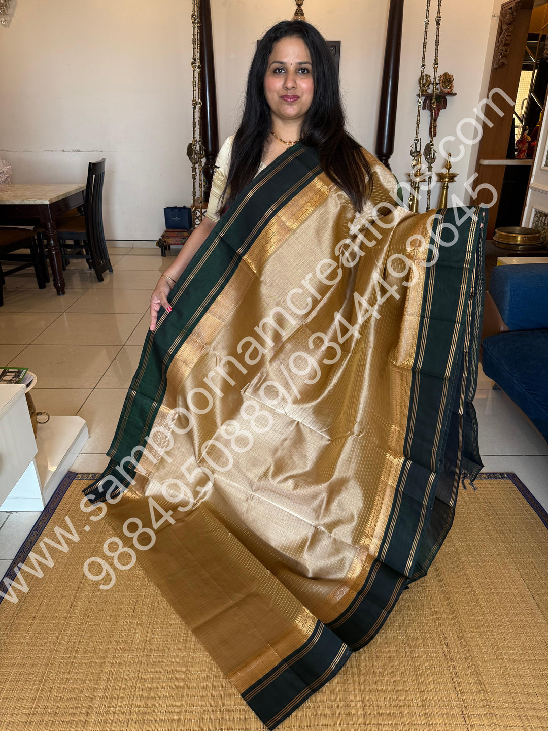 Gold with Green  , Zari checks in the body and rettapet border, rich Pallu Korvai  Silk Cotton Saree