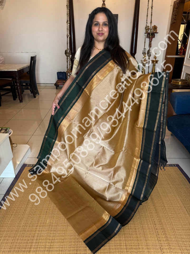 Gold with Green  , Zari checks in the body and rettapet border, rich Pallu Korvai  Silk Cotton Saree
