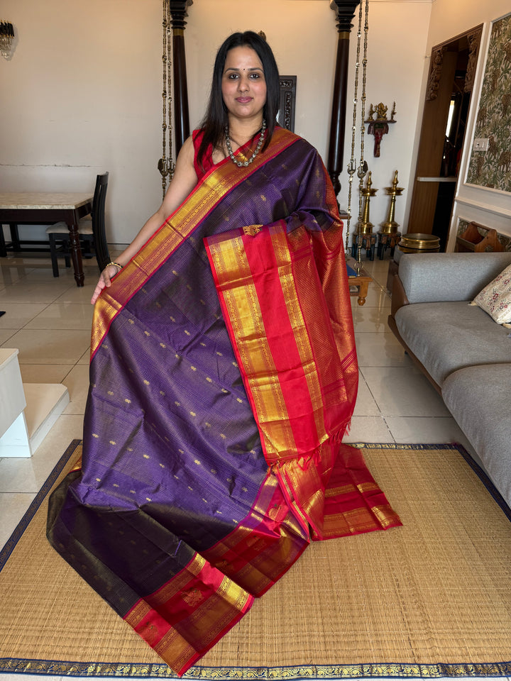 Indigo Blue with Red, One Side Big Satin Border with Annam Motifs, Zari Podi Kattam in the Body , Rich Pallu Korvai Silk Cotton Saree