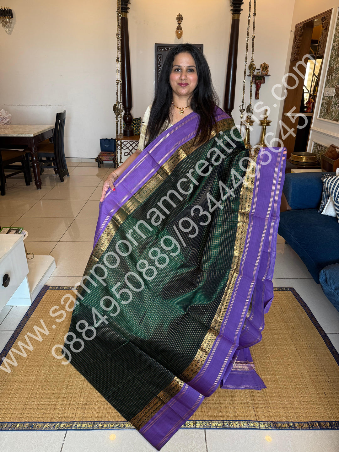 Dark Green with Lavender  , Zari checks in the body and rettapet border, rich Pallu Korvai  Silk Cotton Saree