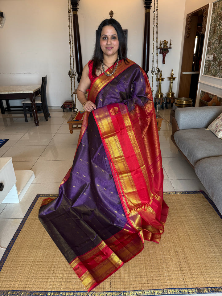 Indigo Blue with Red, One Side Big Satin Border with Annam Motifs, Zari Podi Kattam in the Body , Rich Pallu Korvai Silk Cotton Saree