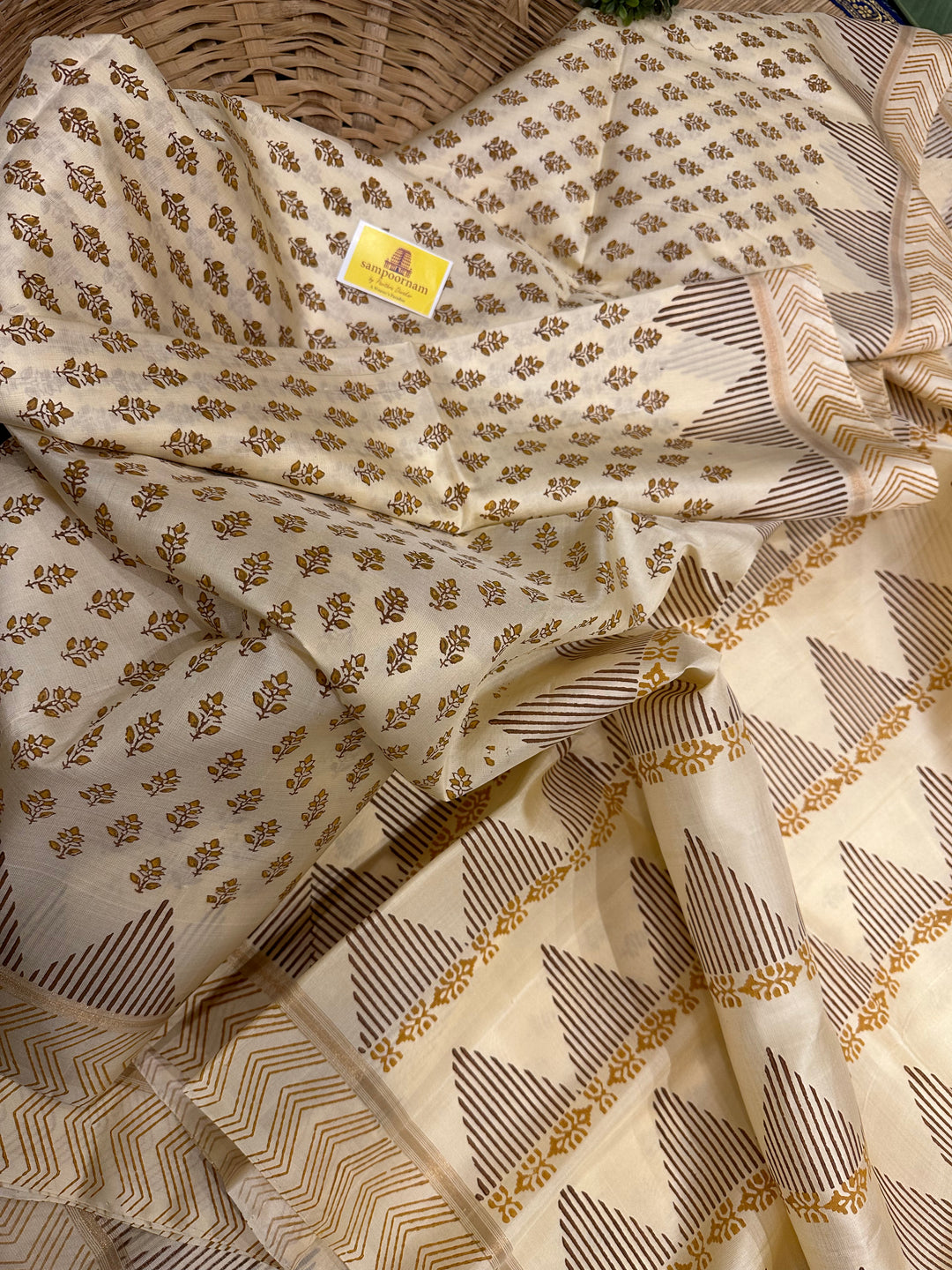 Offwhite Handblock Printed Pure Soft Silk Saree