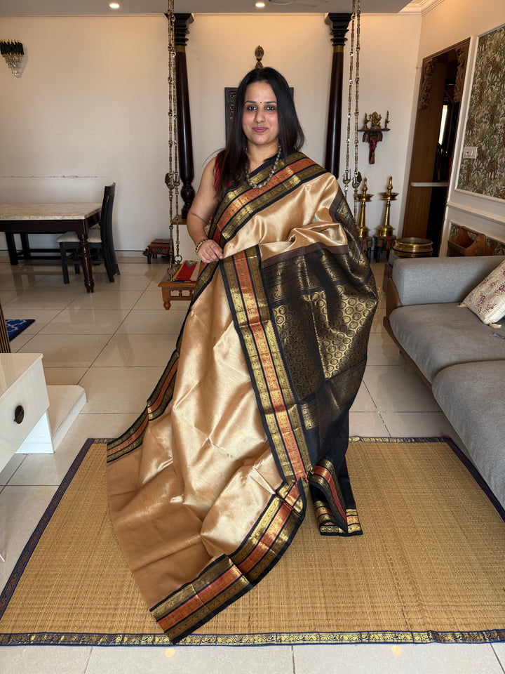Light Gold With Black , Rich Body Butta , Traditional Kanchi Triple Border and Rich Pallu Korvai Silk Cotton Saree
