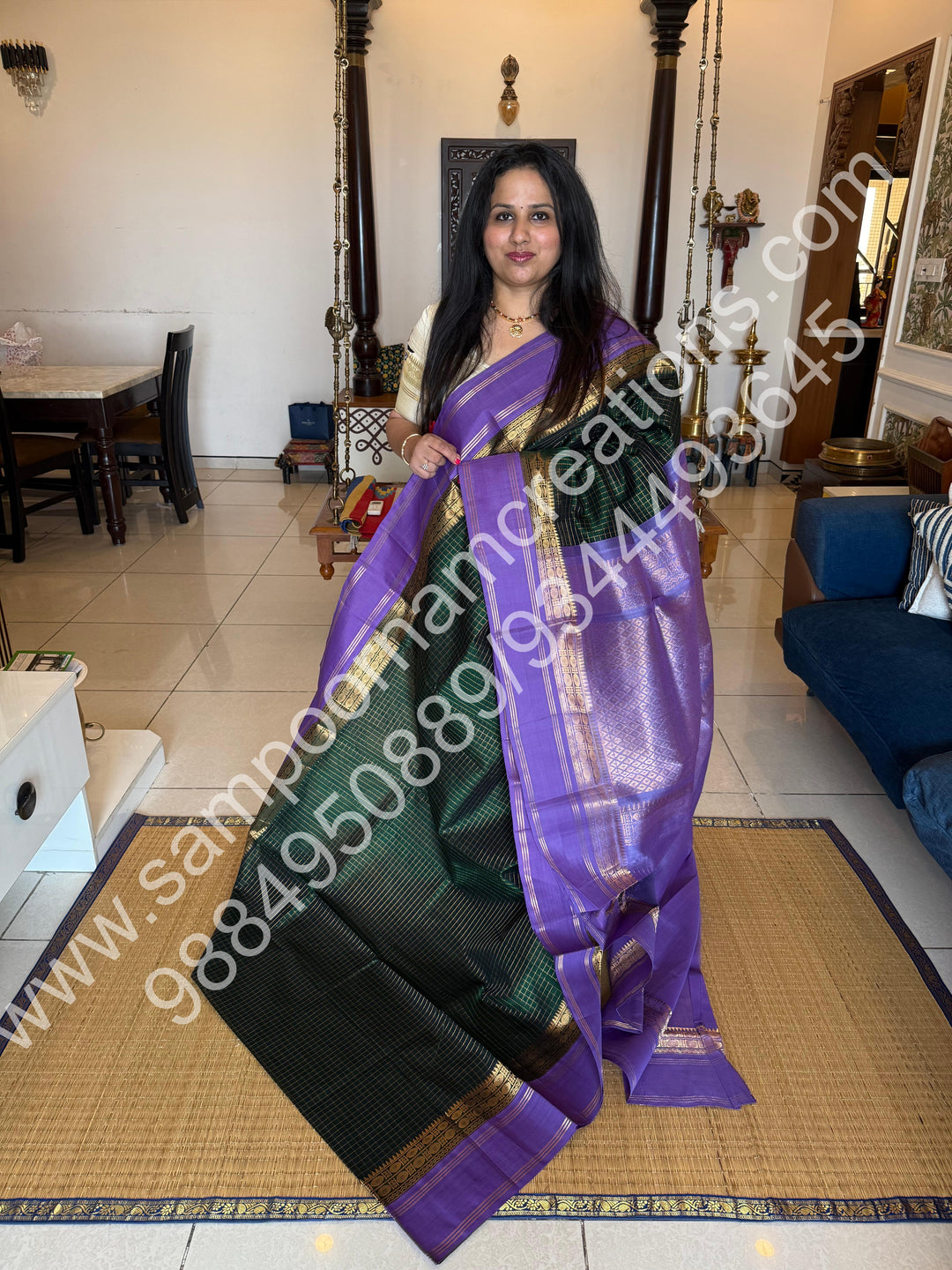 Dark Green with Lavender  , Zari checks in the body and rettapet border, rich Pallu Korvai  Silk Cotton Saree