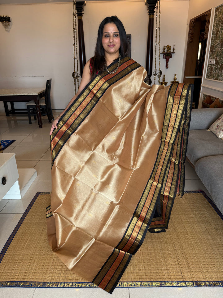 Light Gold With Black , Rich Body Butta , Traditional Kanchi Triple Border and Rich Pallu Korvai Silk Cotton Saree