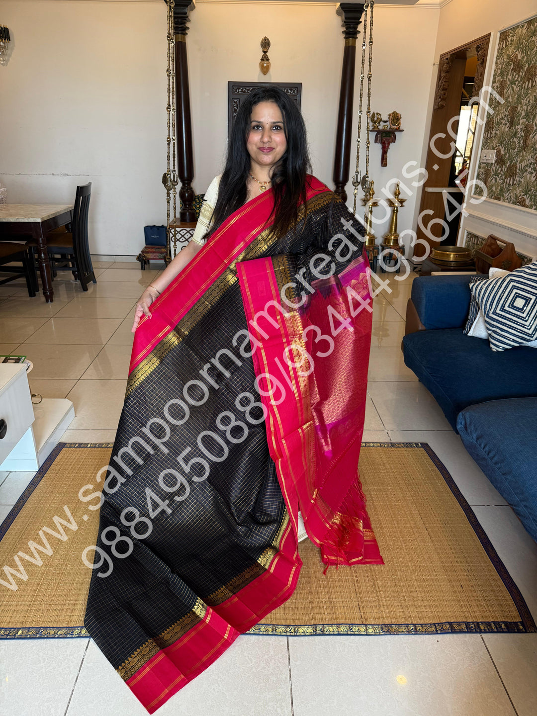 Black with Pink  , Zari checks in the body and rettapet border, rich Pallu Korvai  Silk Cotton Saree