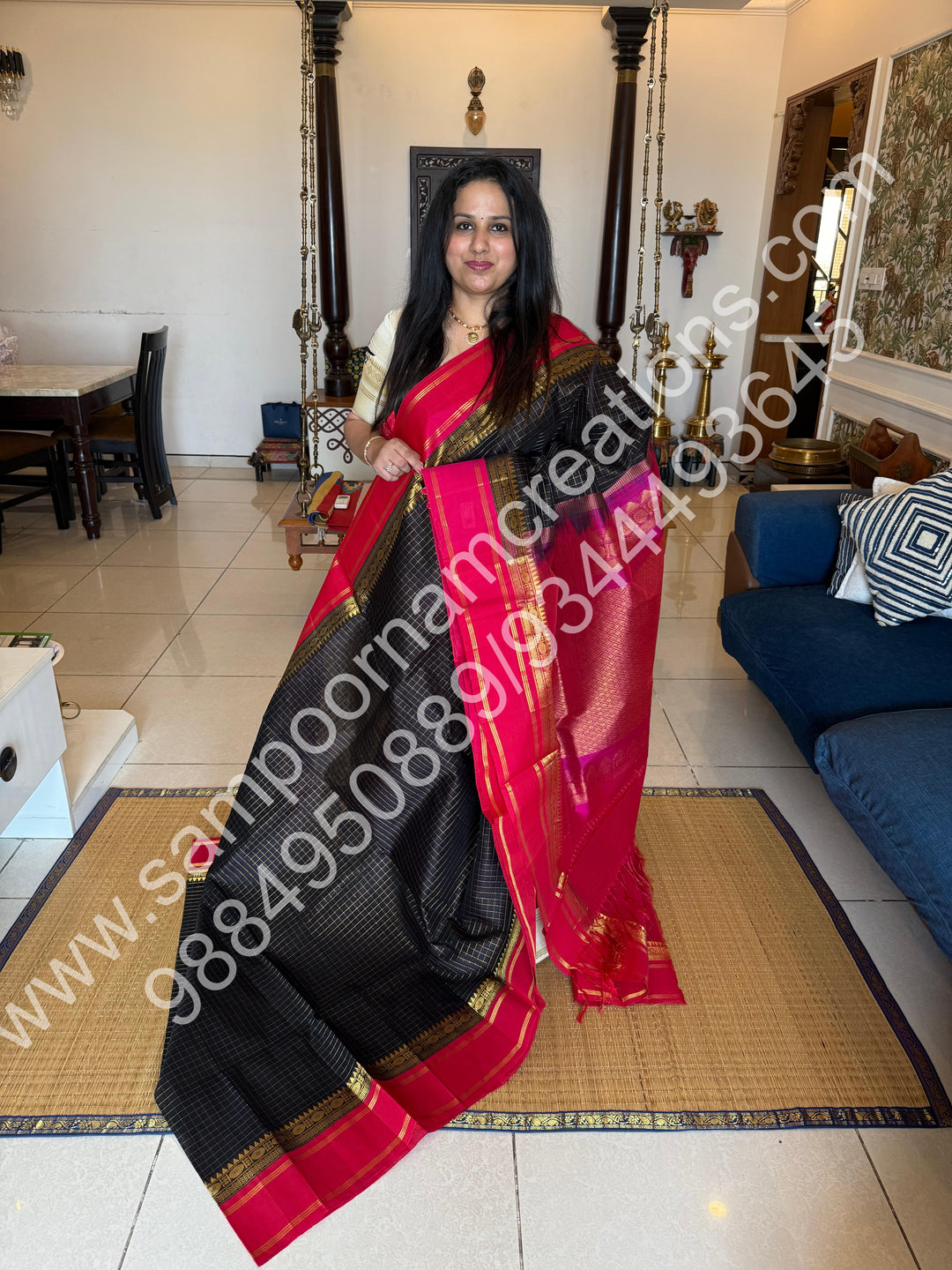 Black with Pink  , Zari checks in the body and rettapet border, rich Pallu Korvai  Silk Cotton Saree