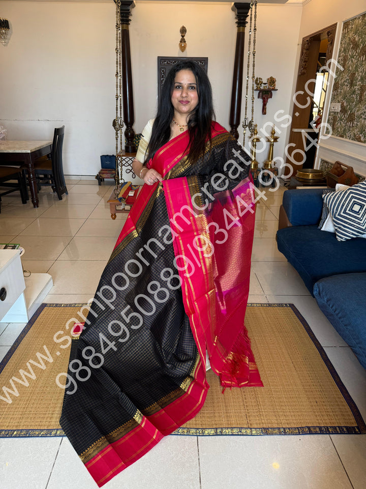 Black with Pink  , Zari checks in the body and rettapet border, rich Pallu Korvai  Silk Cotton Saree