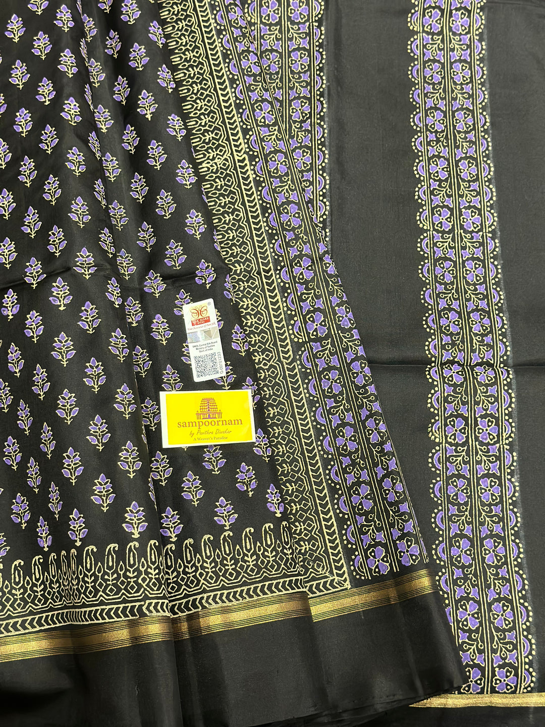 Black Handblock Printed Pure Soft Silk Saree