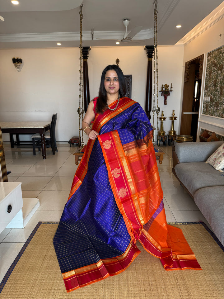 MS Blue with Orange and Red, Annam Motifs in the border and Zari Checks in the Body,  Rich Pallu Korvai Silk Cotton Saree