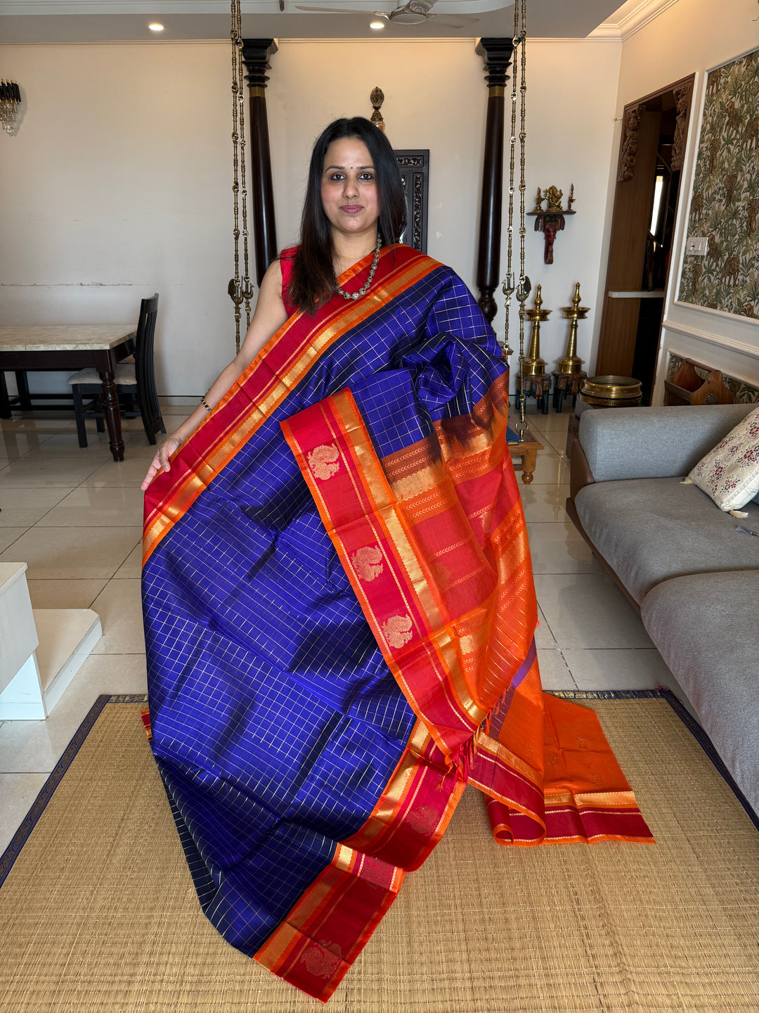 MS Blue with Orange and Red, Annam Motifs in the border and Zari Checks in the Body,  Rich Pallu Korvai Silk Cotton Saree